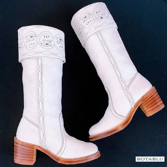 FRYE Vintage White Leather Sabrina Campus Tooled Cuff Tall Knee High Western Boots