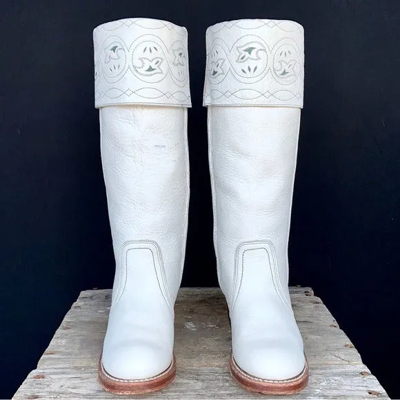 FRYE Vintage White Leather Sabrina Campus Tooled Cuff Tall Knee High Western Boots