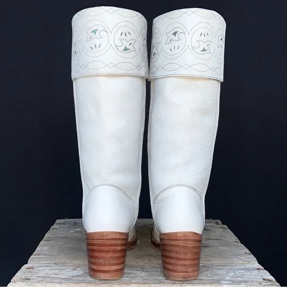 FRYE Vintage White Leather Sabrina Campus Tooled Cuff Tall Knee High Western Boots