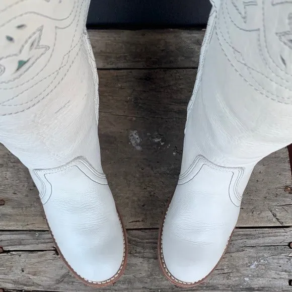 FRYE Vintage White Leather Sabrina Campus Tooled Cuff Tall Knee High Western Boots