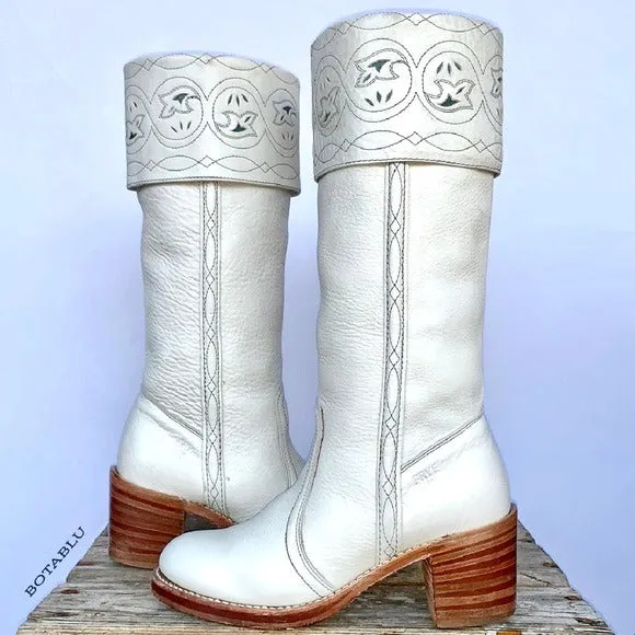 FRYE Vintage White Leather Sabrina Campus Tooled Cuff Tall Knee High Western Boots