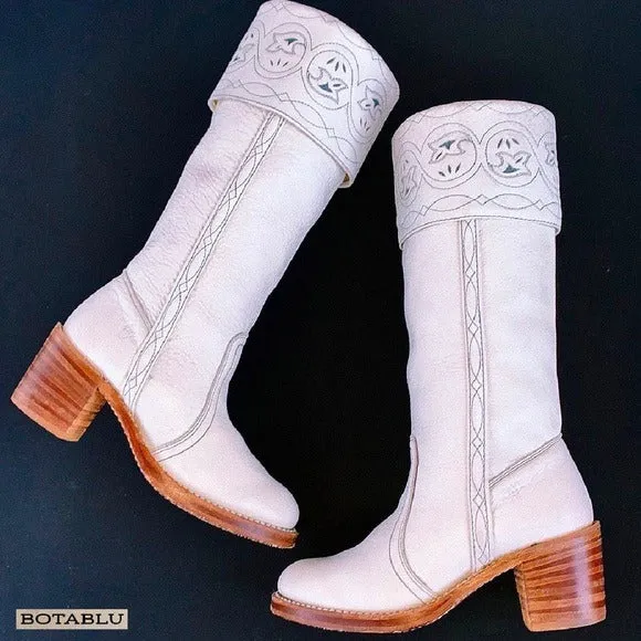 FRYE Vintage White Leather Sabrina Campus Tooled Cuff Tall Knee High Western Boots