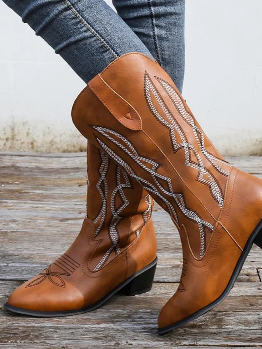 Geometry Embroidered Knee Cowboy Boots - Brown