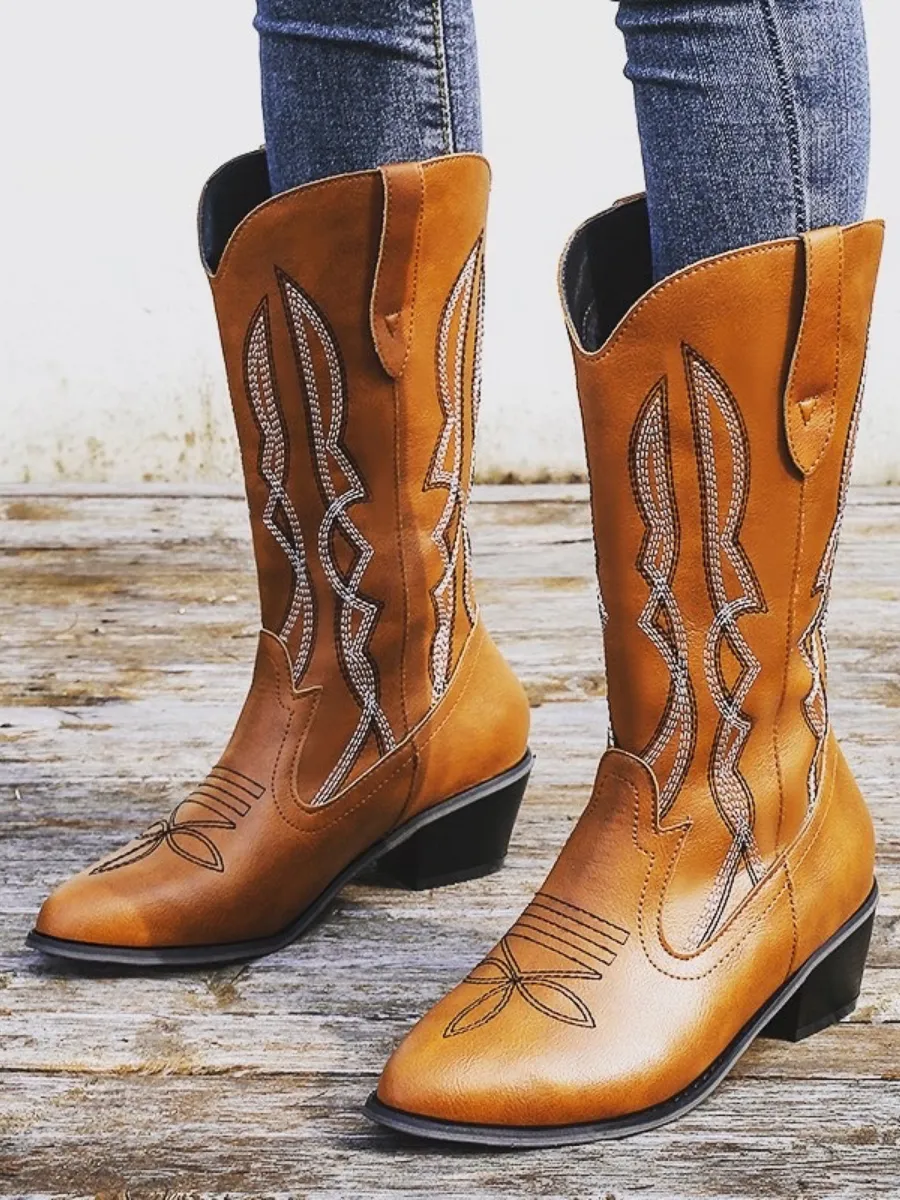 Geometry Embroidered Knee Cowboy Boots - Brown