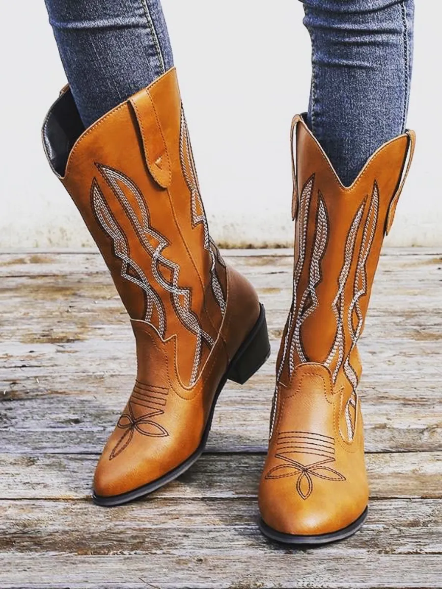 Geometry Embroidered Knee Cowboy Boots - Brown