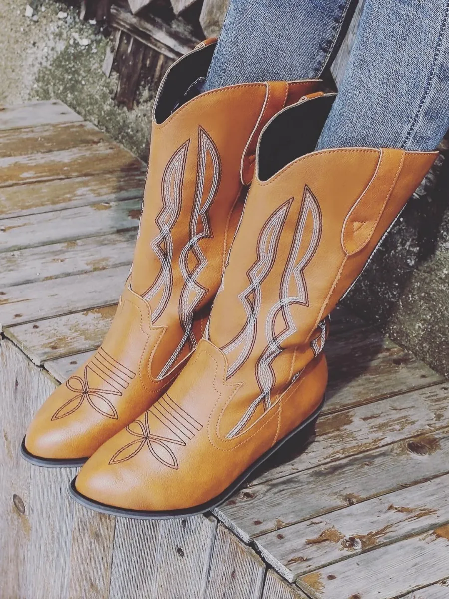 Geometry Embroidered Knee Cowboy Boots - Brown