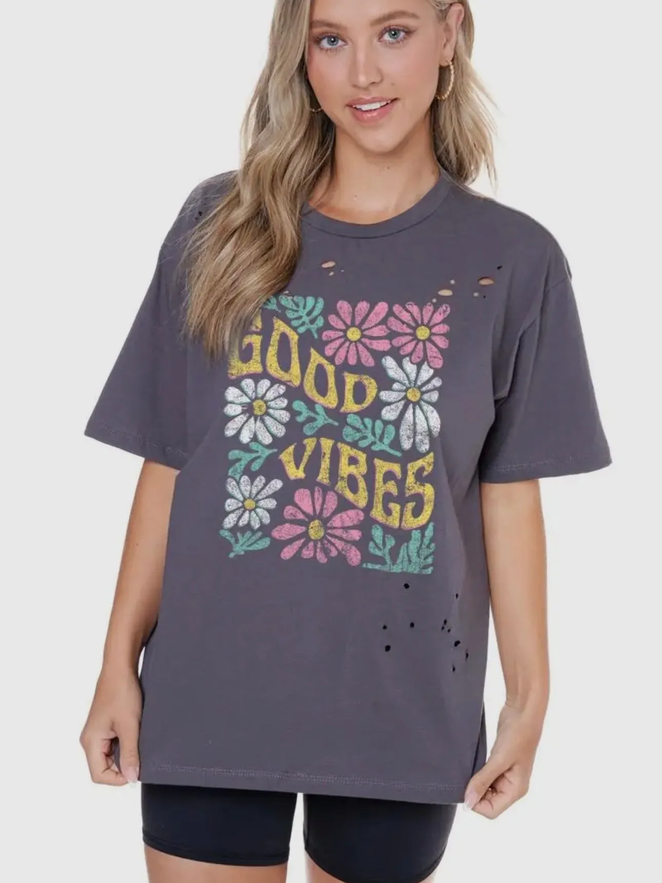 Good Vibes Distressed Tee: Ink