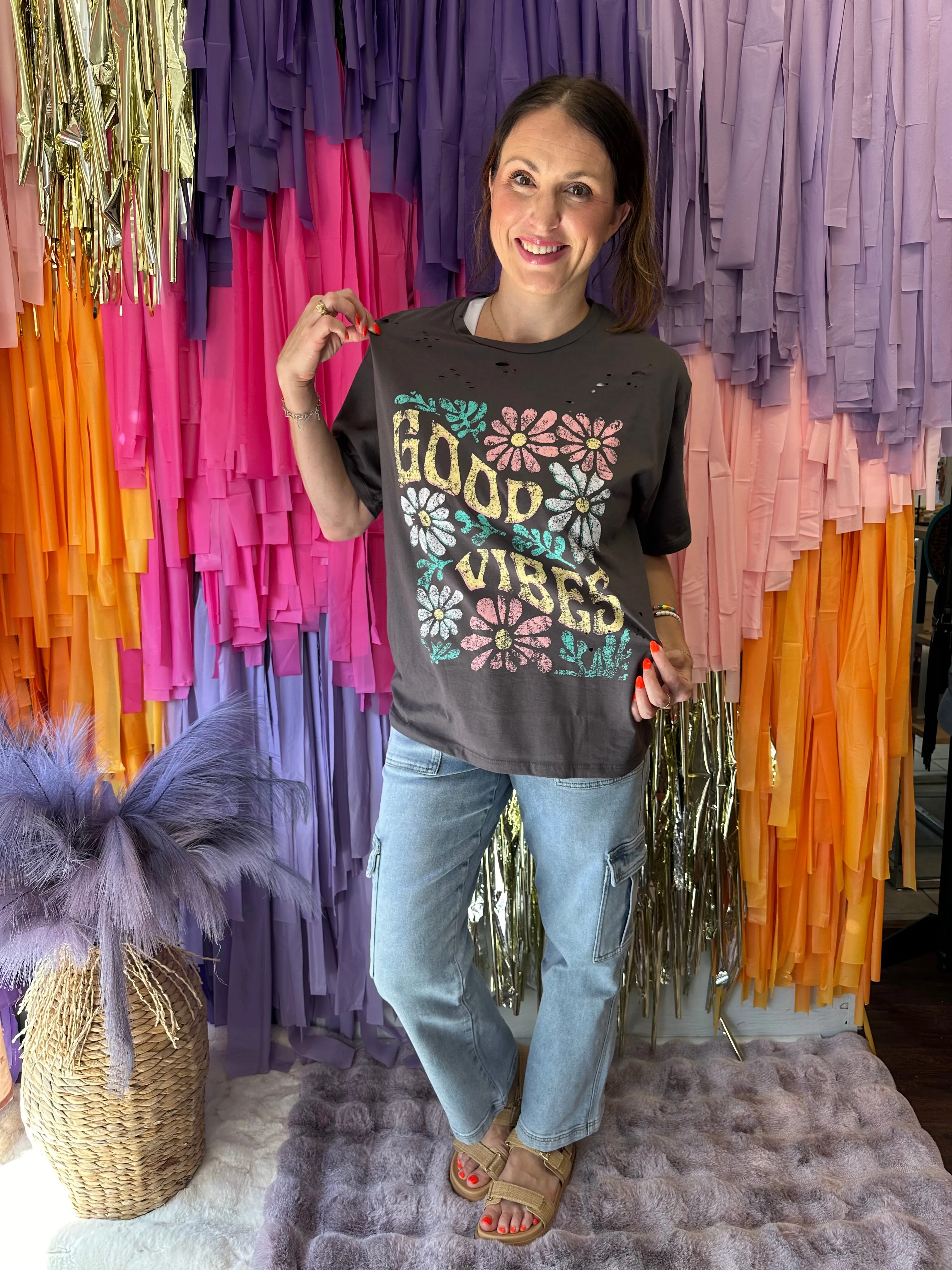 Good Vibes Distressed Tee: Ink