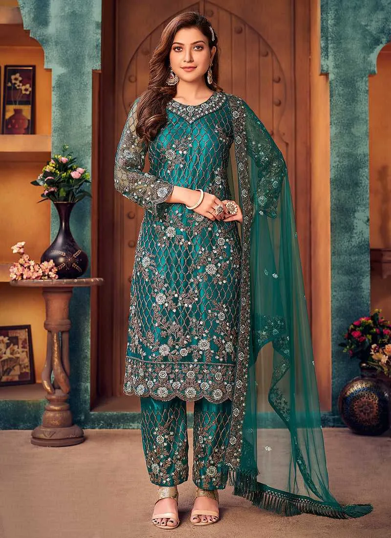 Green and Gold Heavy Embroidered Pant Style Suit