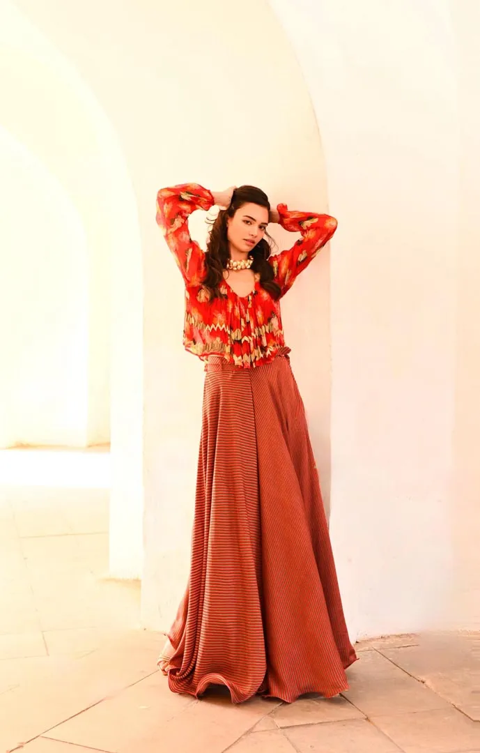 Gulbahar Chilly  poppy boho top with stripe skirt and belt set