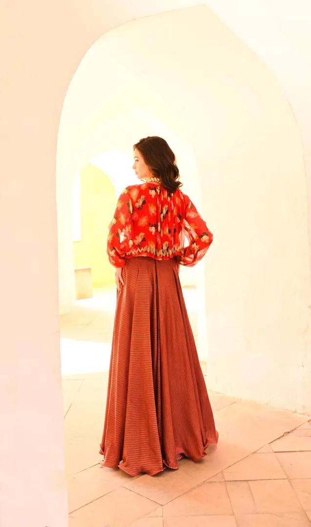 Gulbahar Chilly  poppy boho top with stripe skirt and belt set