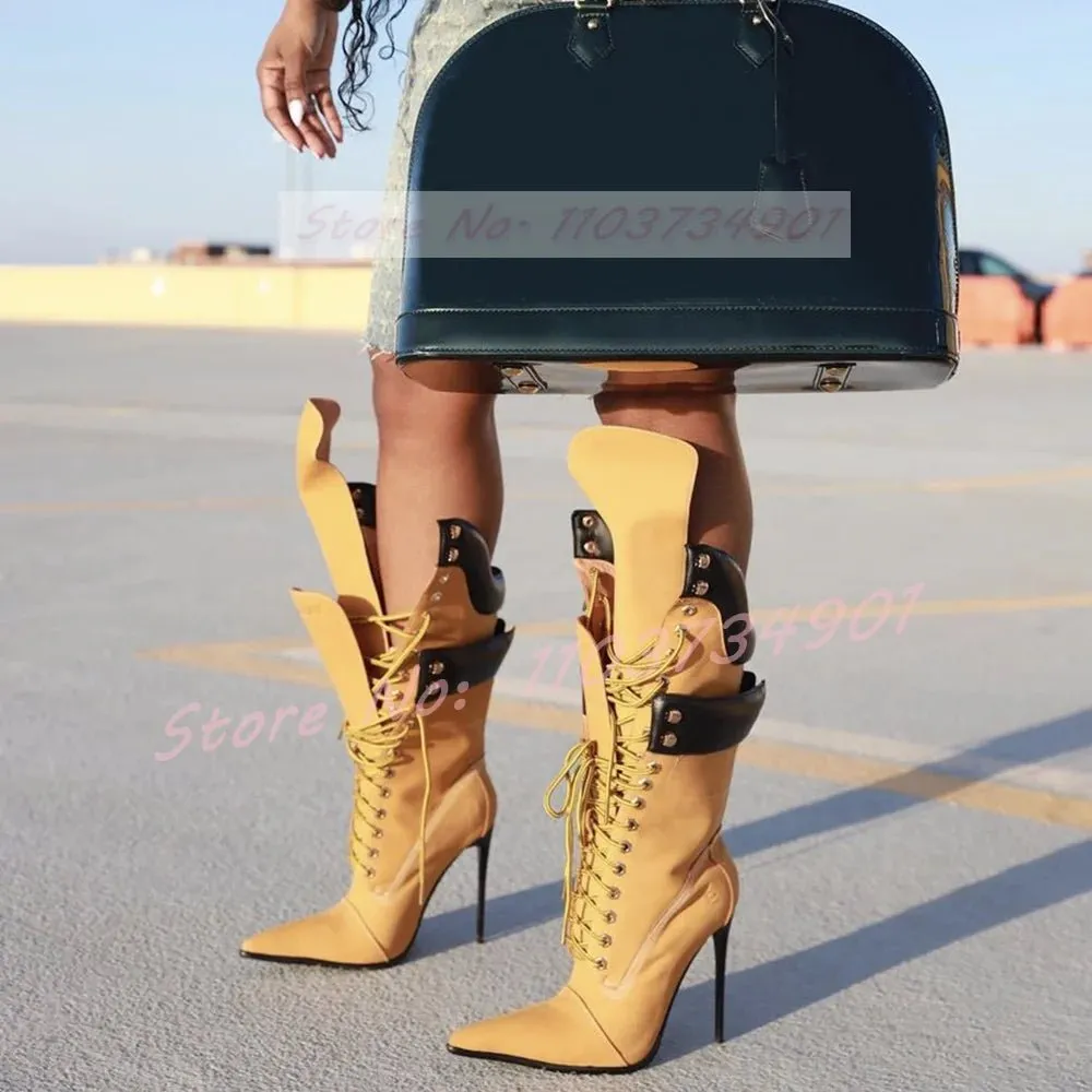High Heel Lace-Up Stiletto Boots with Buckle Accents Yellow Flock Fold Over Pointed Toe Boots
