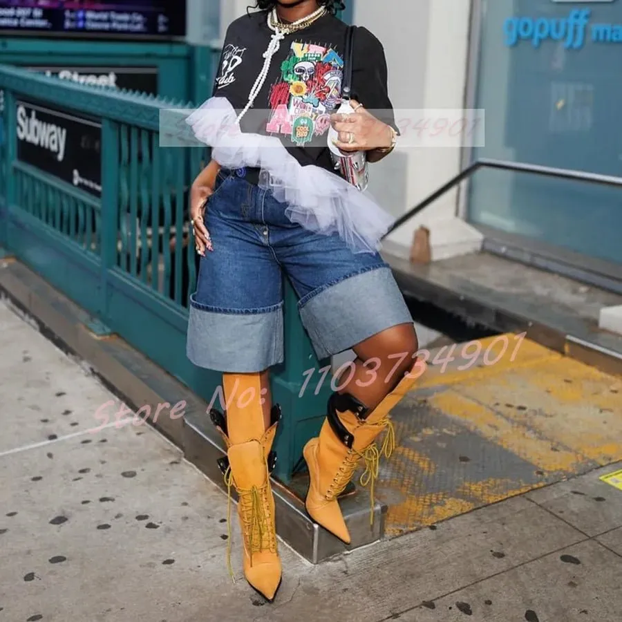 High Heel Lace-Up Stiletto Boots with Buckle Accents Yellow Flock Fold Over Pointed Toe Boots
