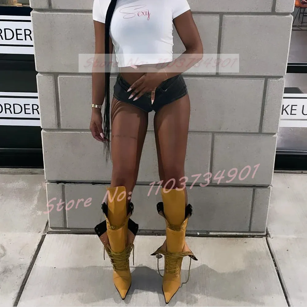 High Heel Lace-Up Stiletto Boots with Buckle Accents Yellow Flock Fold Over Pointed Toe Boots