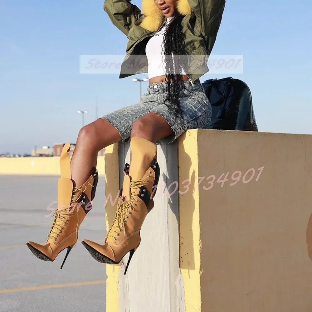 High Heel Lace-Up Stiletto Boots with Buckle Accents Yellow Flock Fold Over Pointed Toe Boots