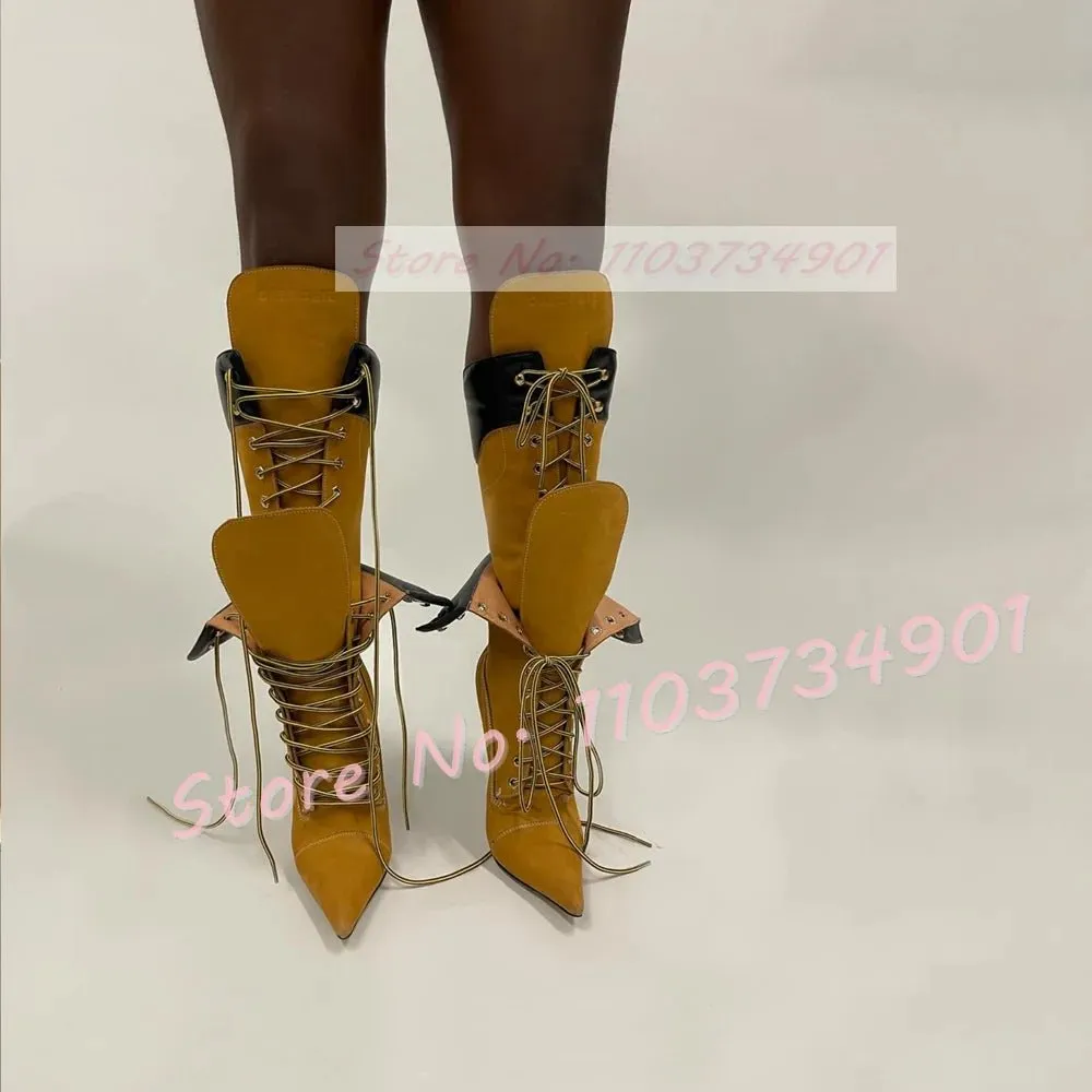 High Heel Lace-Up Stiletto Boots with Buckle Accents Yellow Flock Fold Over Pointed Toe Boots