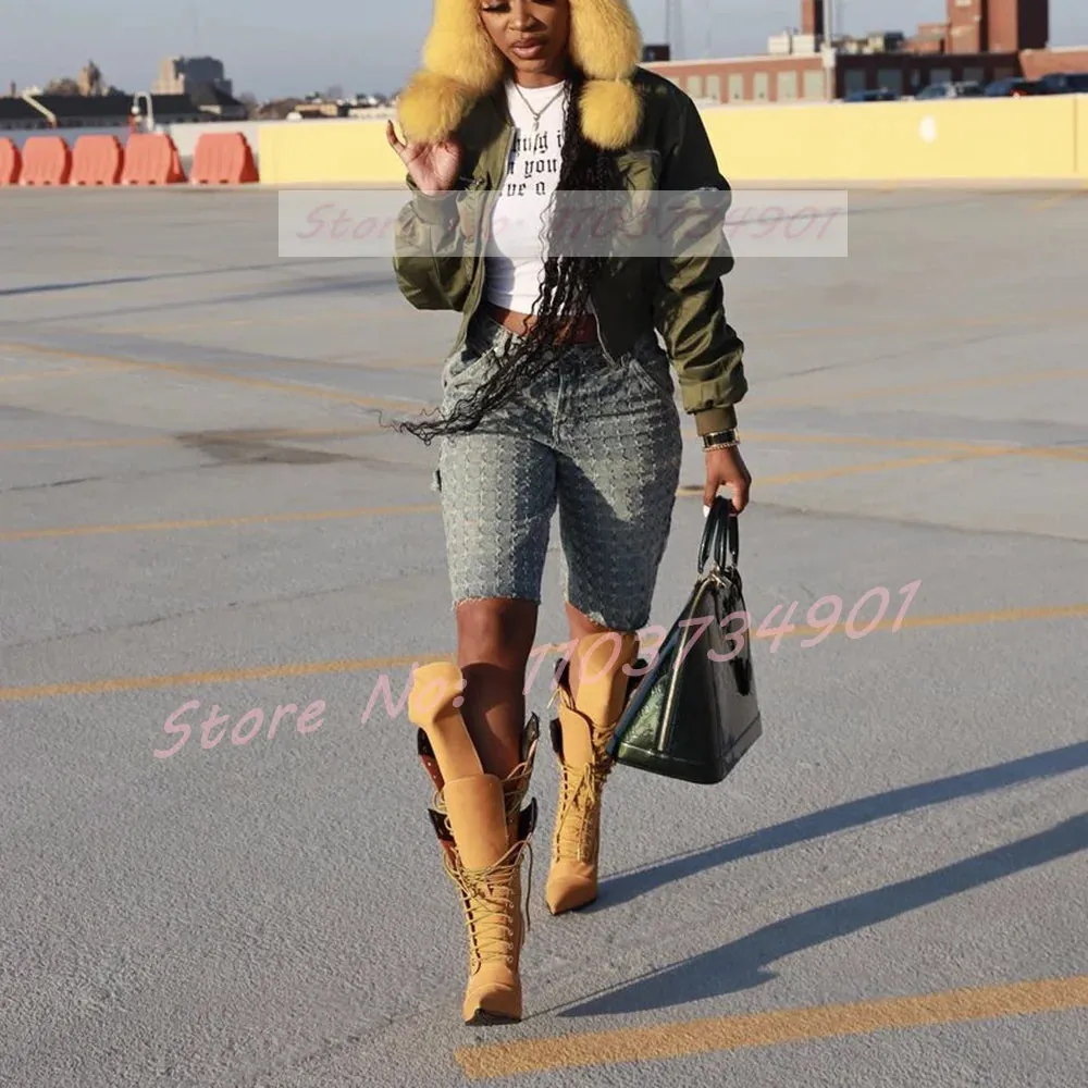 High Heel Lace-Up Stiletto Boots with Buckle Accents Yellow Flock Fold Over Pointed Toe Boots