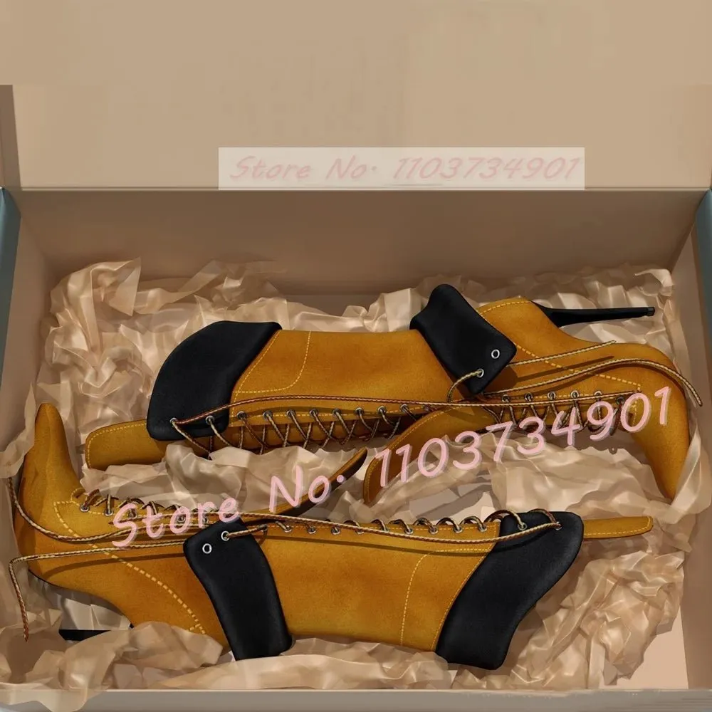 High Heel Lace-Up Stiletto Boots with Buckle Accents Yellow Flock Fold Over Pointed Toe Boots