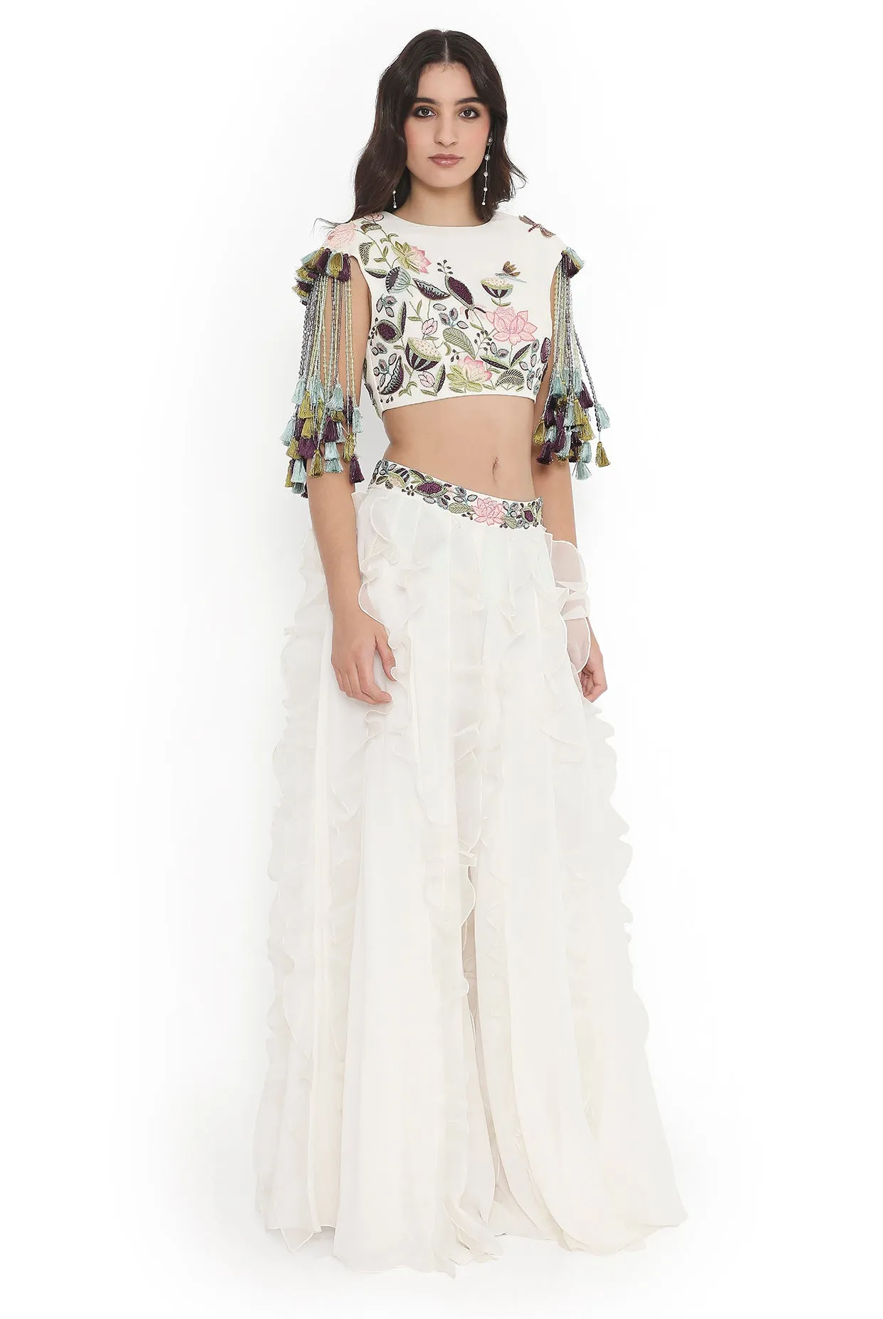 Ivory Embroidered Choli And Ruffled Sharara - Ready To Ship