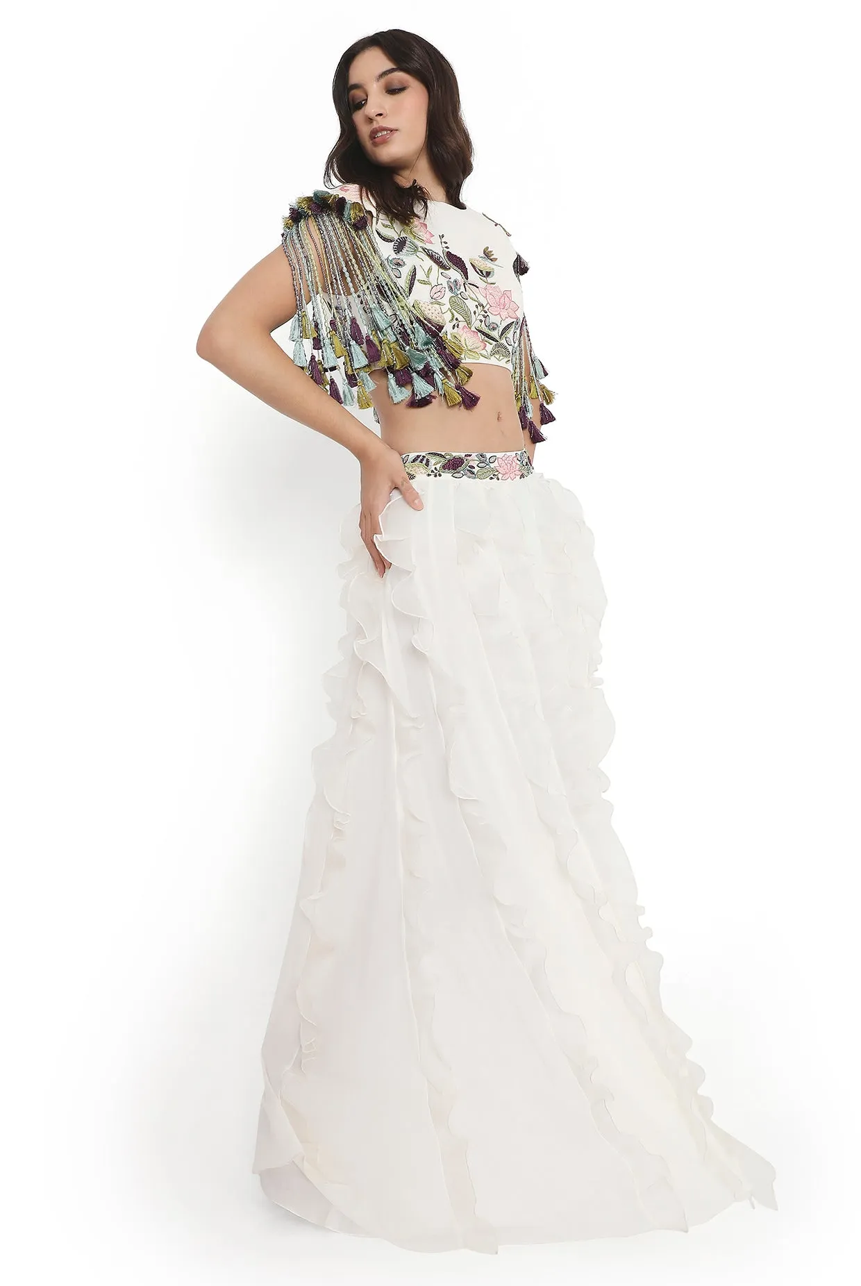 Ivory Embroidered Choli And Ruffled Sharara - Ready To Ship