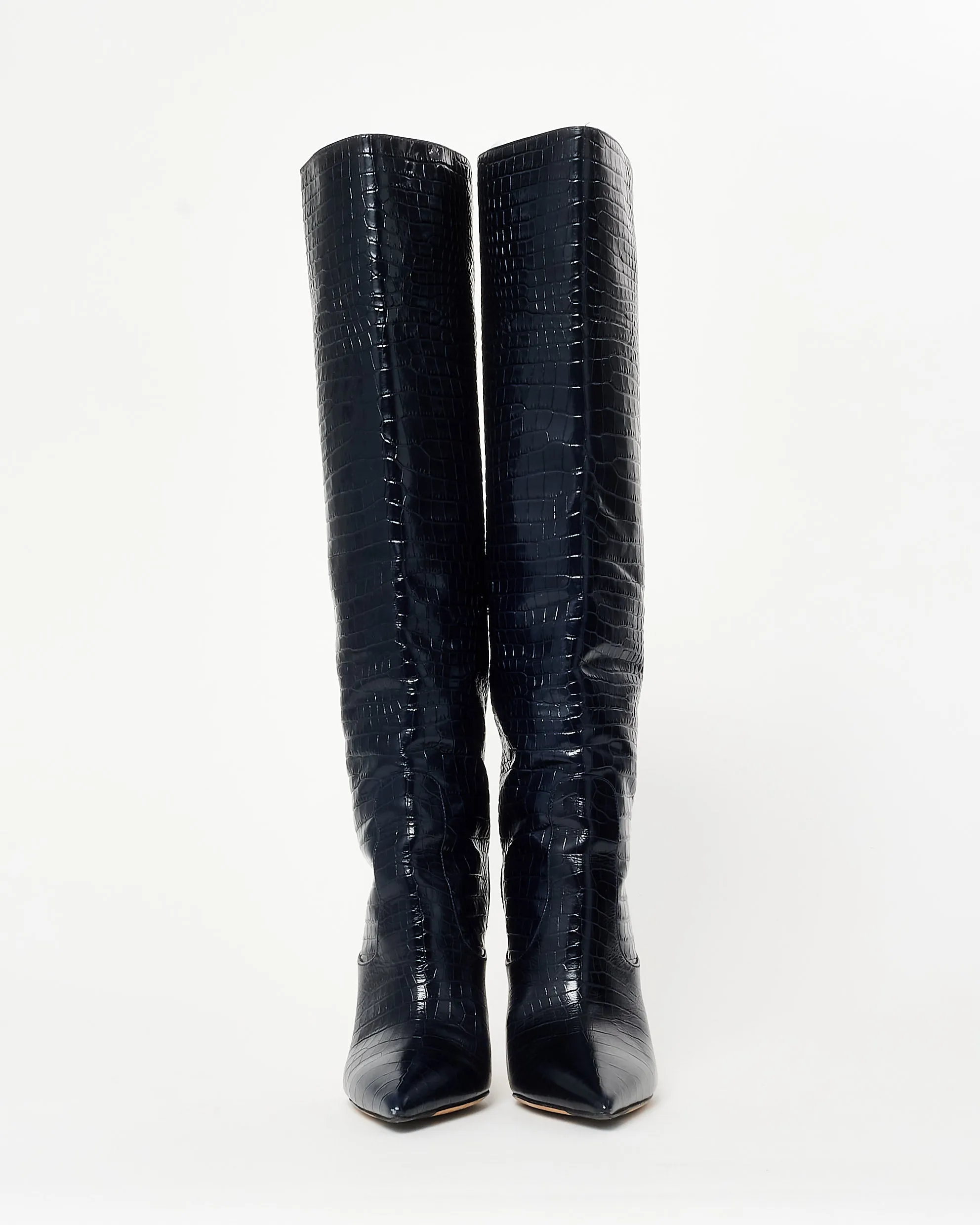 Jimmy Choo Navy Croc Embossed Knee Stiletto Boots - 37