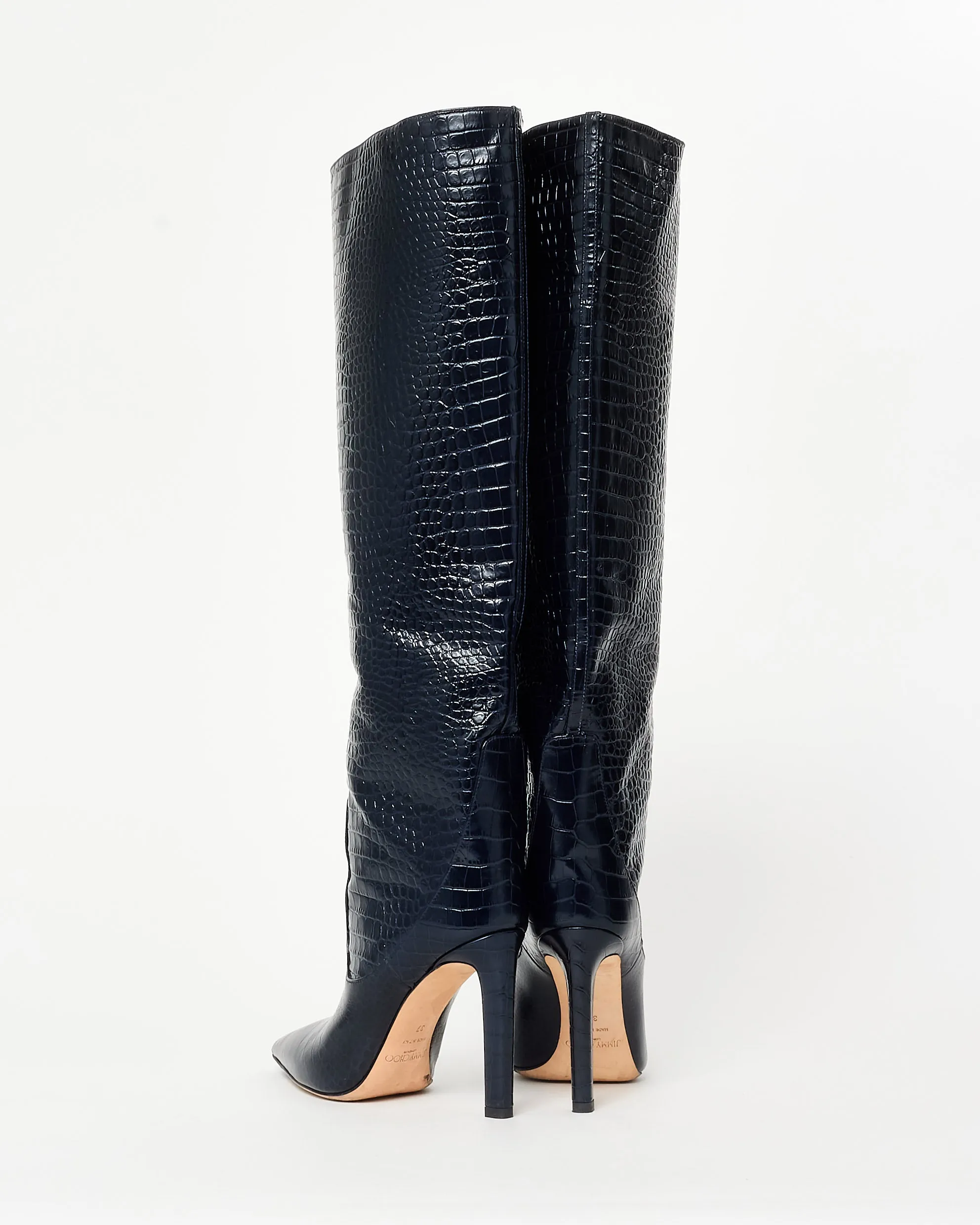 Jimmy Choo Navy Croc Embossed Knee Stiletto Boots - 37