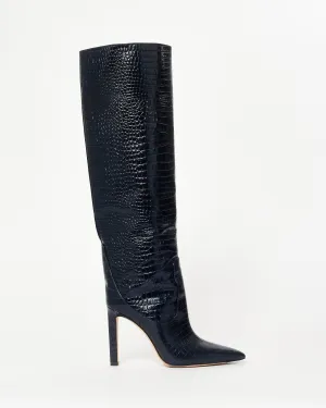 Jimmy Choo Navy Croc Embossed Knee Stiletto Boots - 37