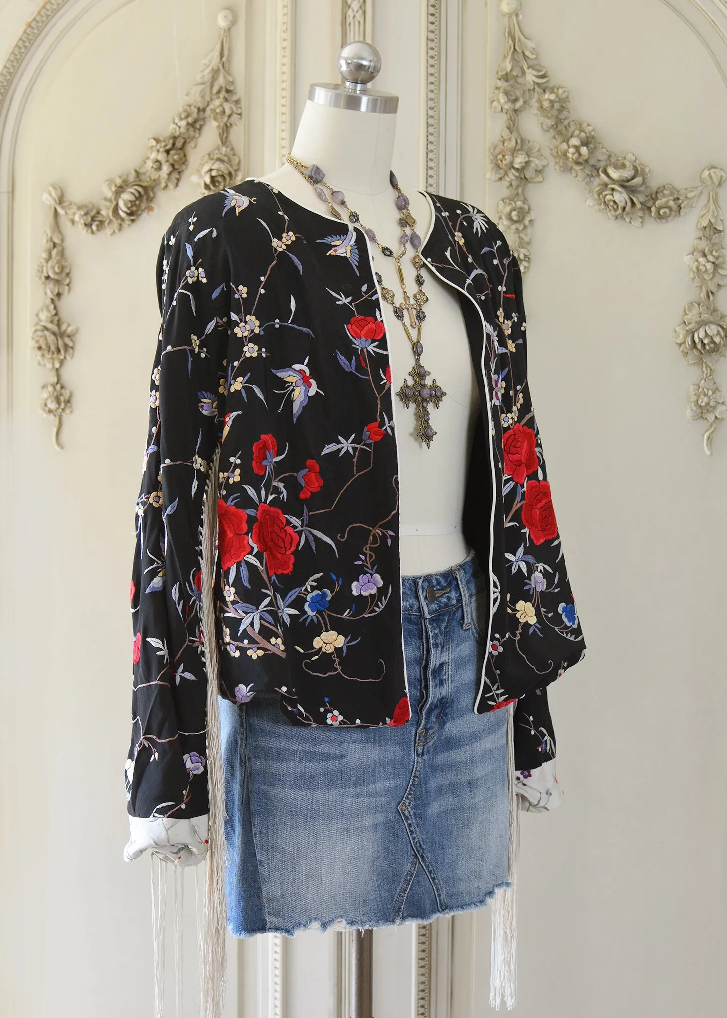 Jolene Antique Hand Embroidered Black & Creme Silk Crepe Waist Jacket with Fringes
