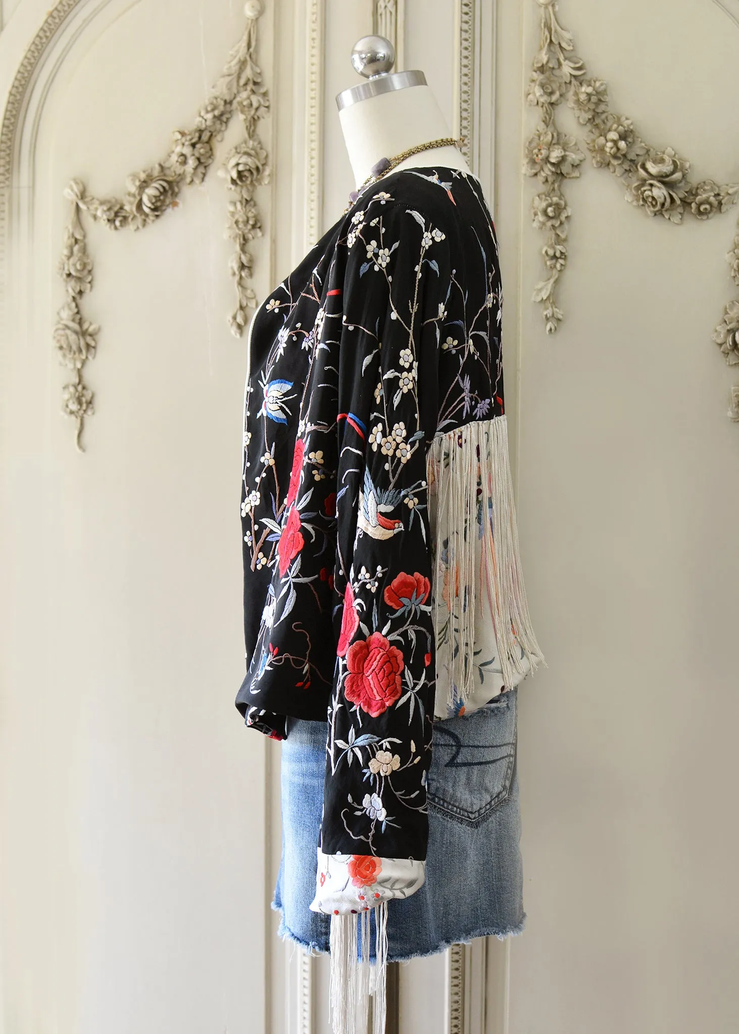Jolene Antique Hand Embroidered Black & Creme Silk Crepe Waist Jacket with Fringes