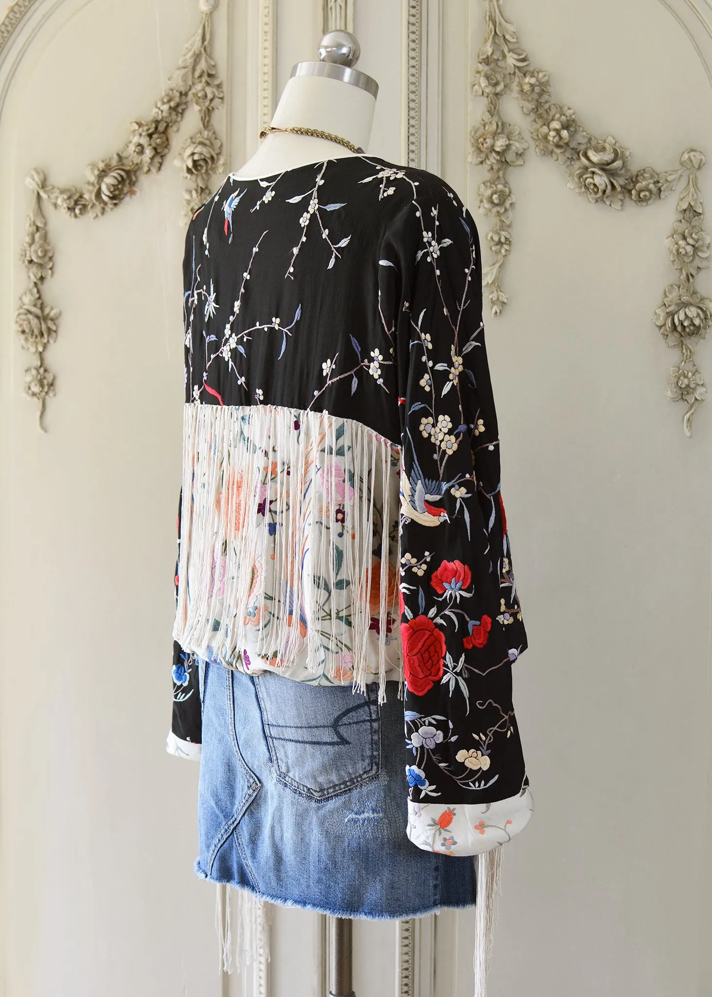 Jolene Antique Hand Embroidered Black & Creme Silk Crepe Waist Jacket with Fringes