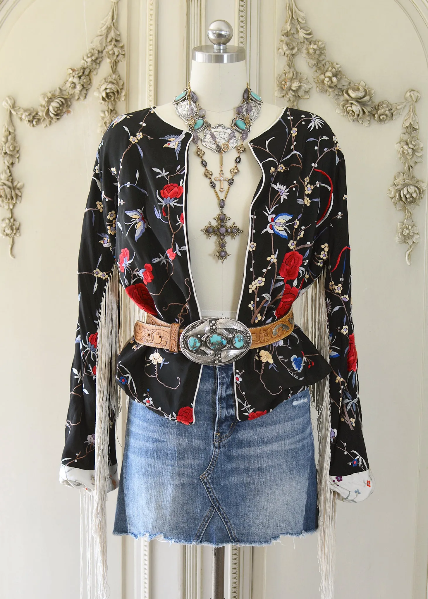 Jolene Antique Hand Embroidered Black & Creme Silk Crepe Waist Jacket with Fringes
