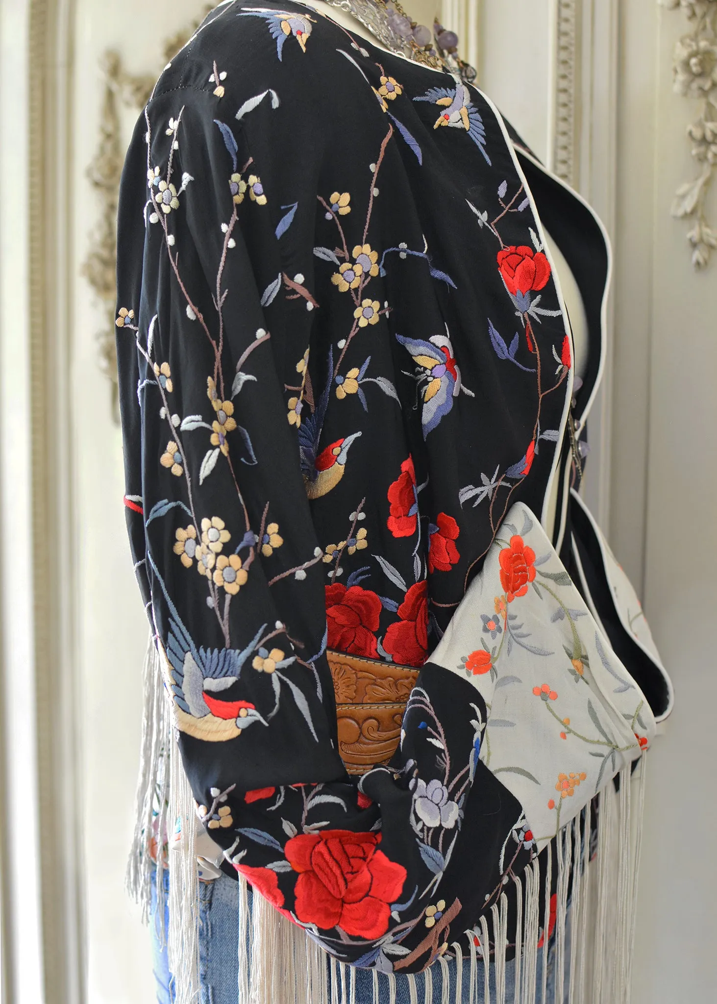 Jolene Antique Hand Embroidered Black & Creme Silk Crepe Waist Jacket with Fringes