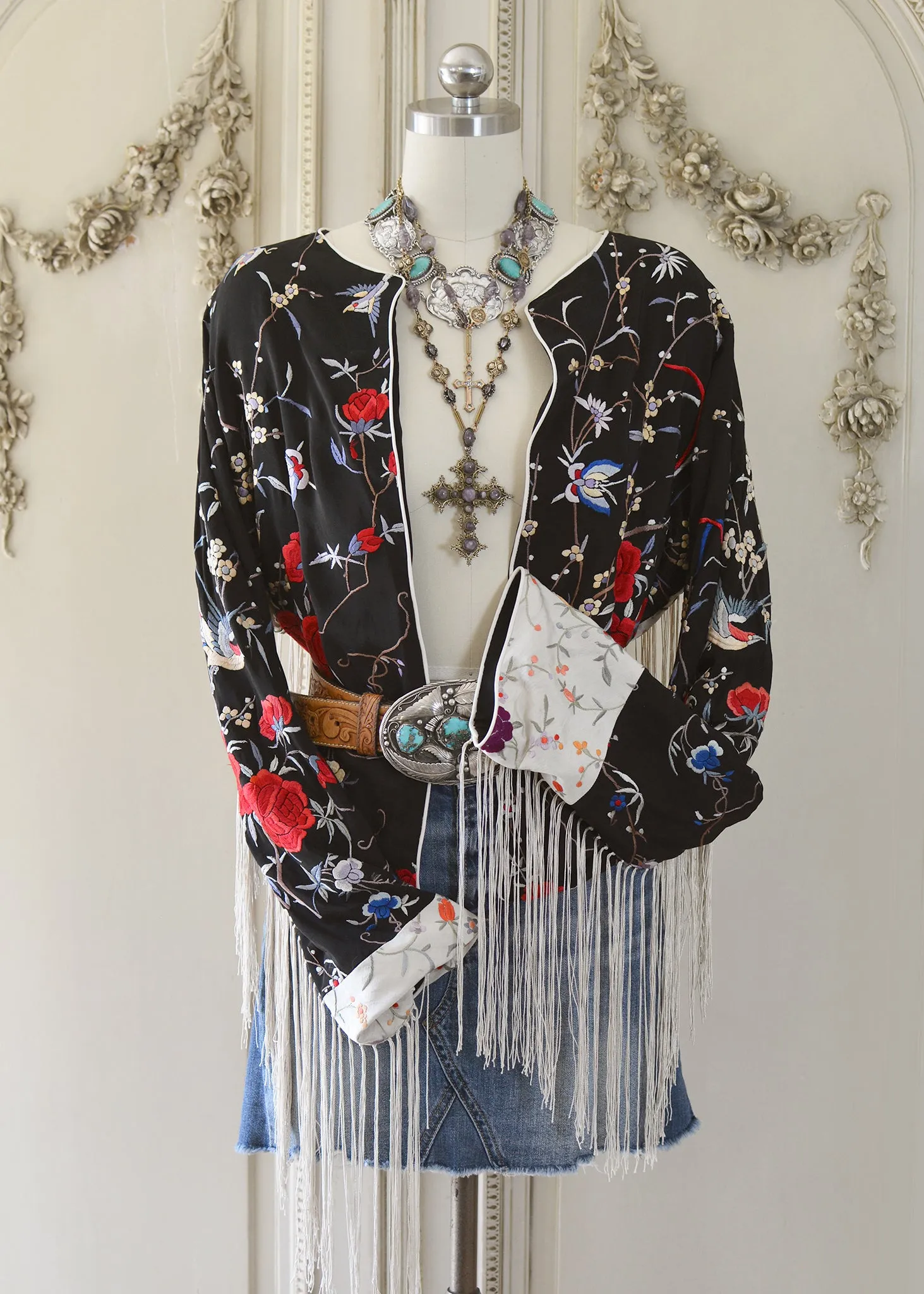 Jolene Antique Hand Embroidered Black & Creme Silk Crepe Waist Jacket with Fringes