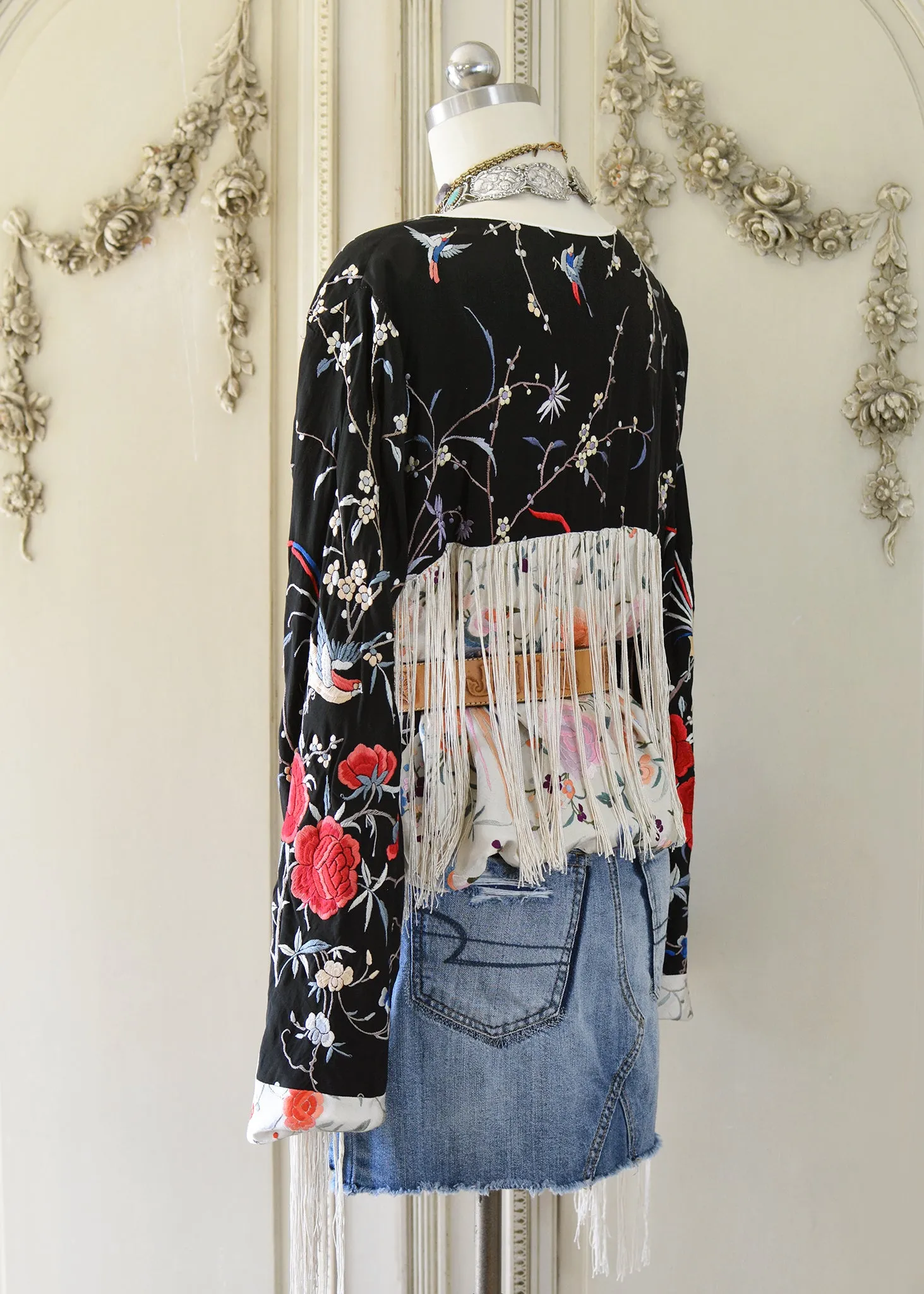 Jolene Antique Hand Embroidered Black & Creme Silk Crepe Waist Jacket with Fringes