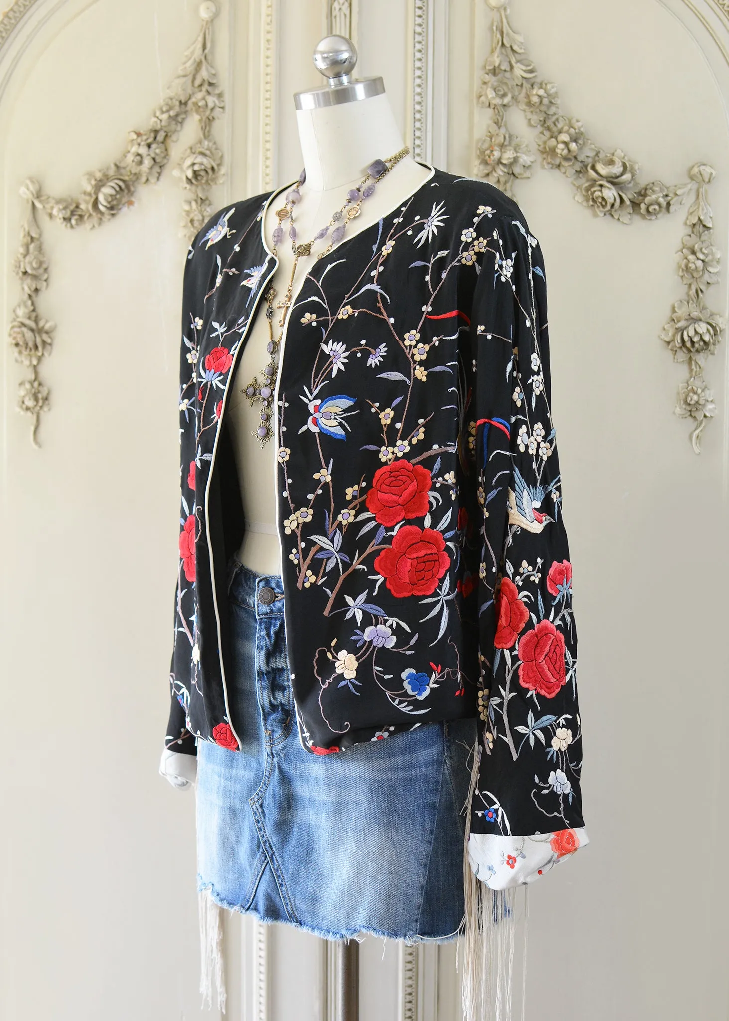 Jolene Antique Hand Embroidered Black & Creme Silk Crepe Waist Jacket with Fringes