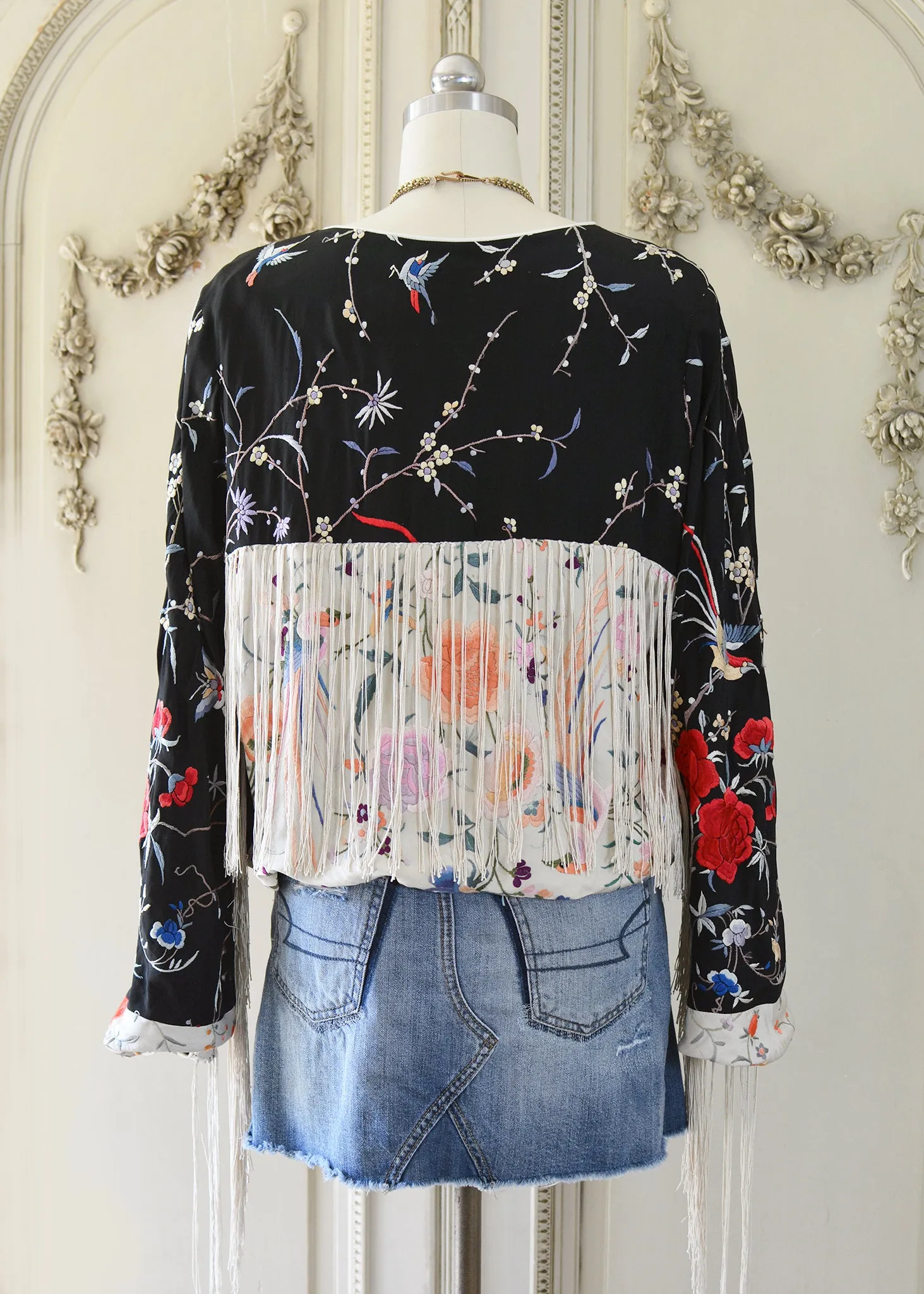 Jolene Antique Hand Embroidered Black & Creme Silk Crepe Waist Jacket with Fringes