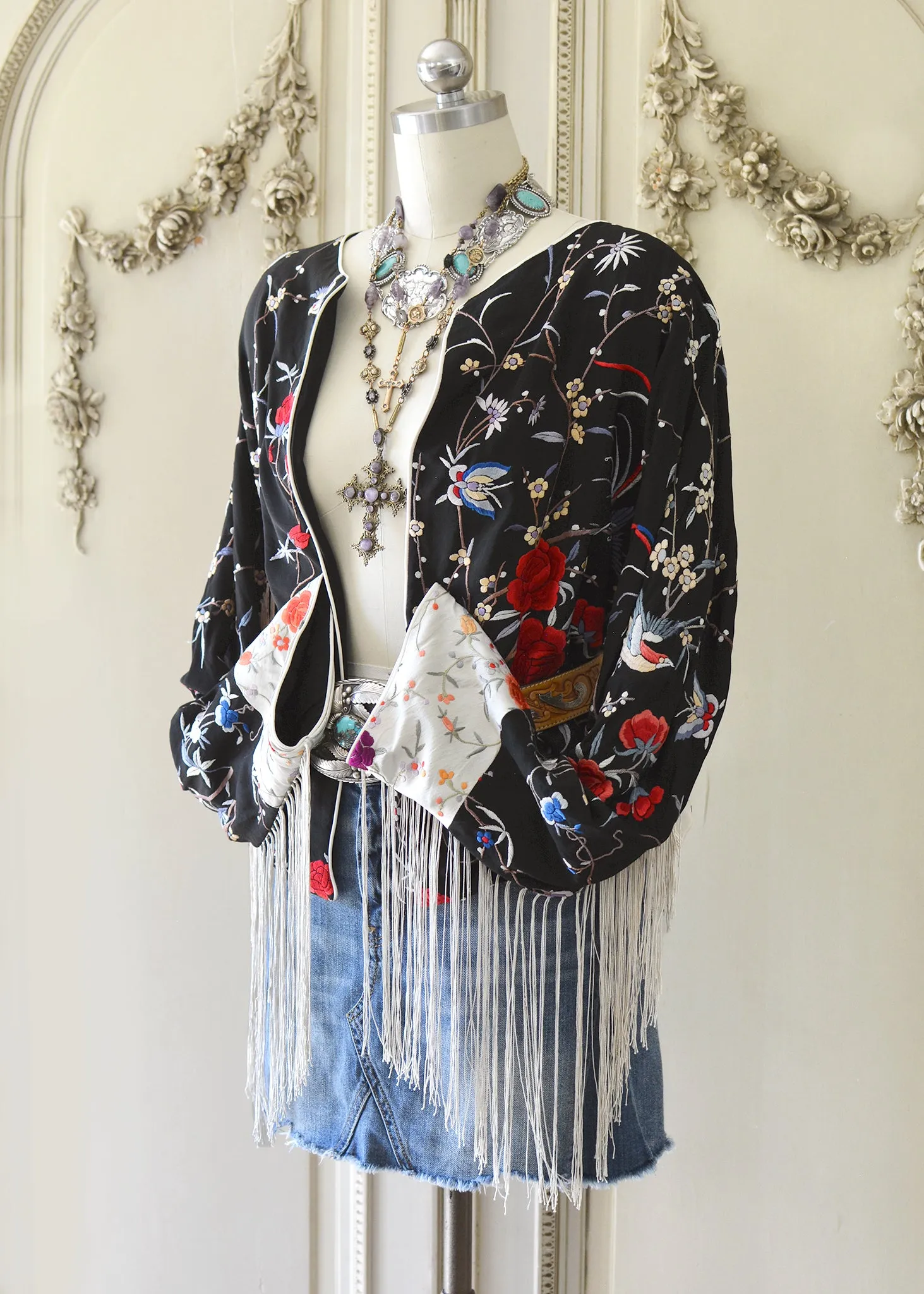 Jolene Antique Hand Embroidered Black & Creme Silk Crepe Waist Jacket with Fringes