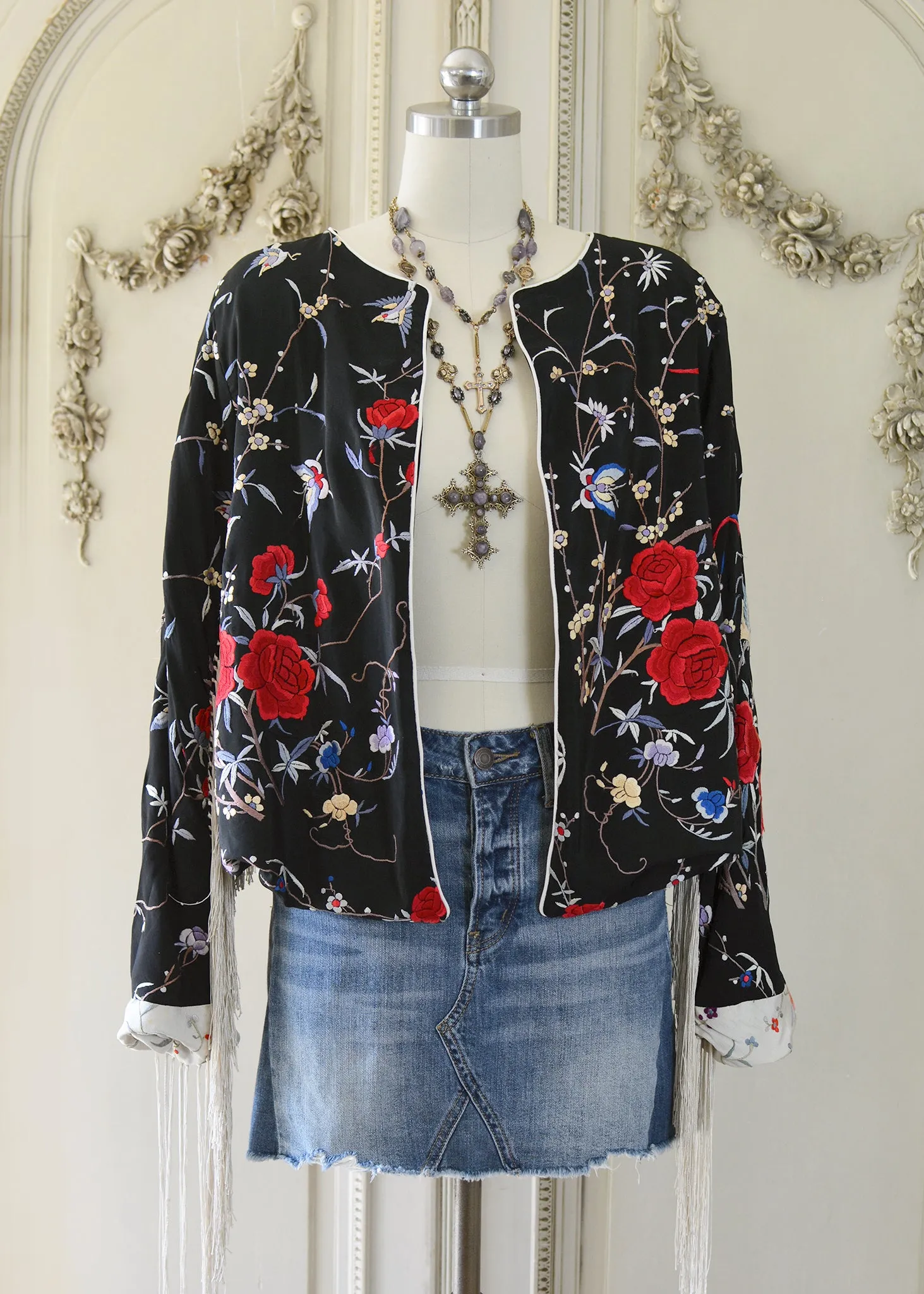 Jolene Antique Hand Embroidered Black & Creme Silk Crepe Waist Jacket with Fringes