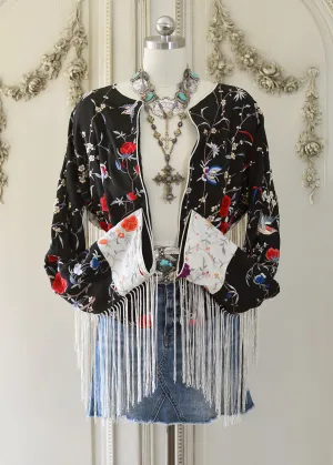 Jolene Antique Hand Embroidered Black & Creme Silk Crepe Waist Jacket with Fringes