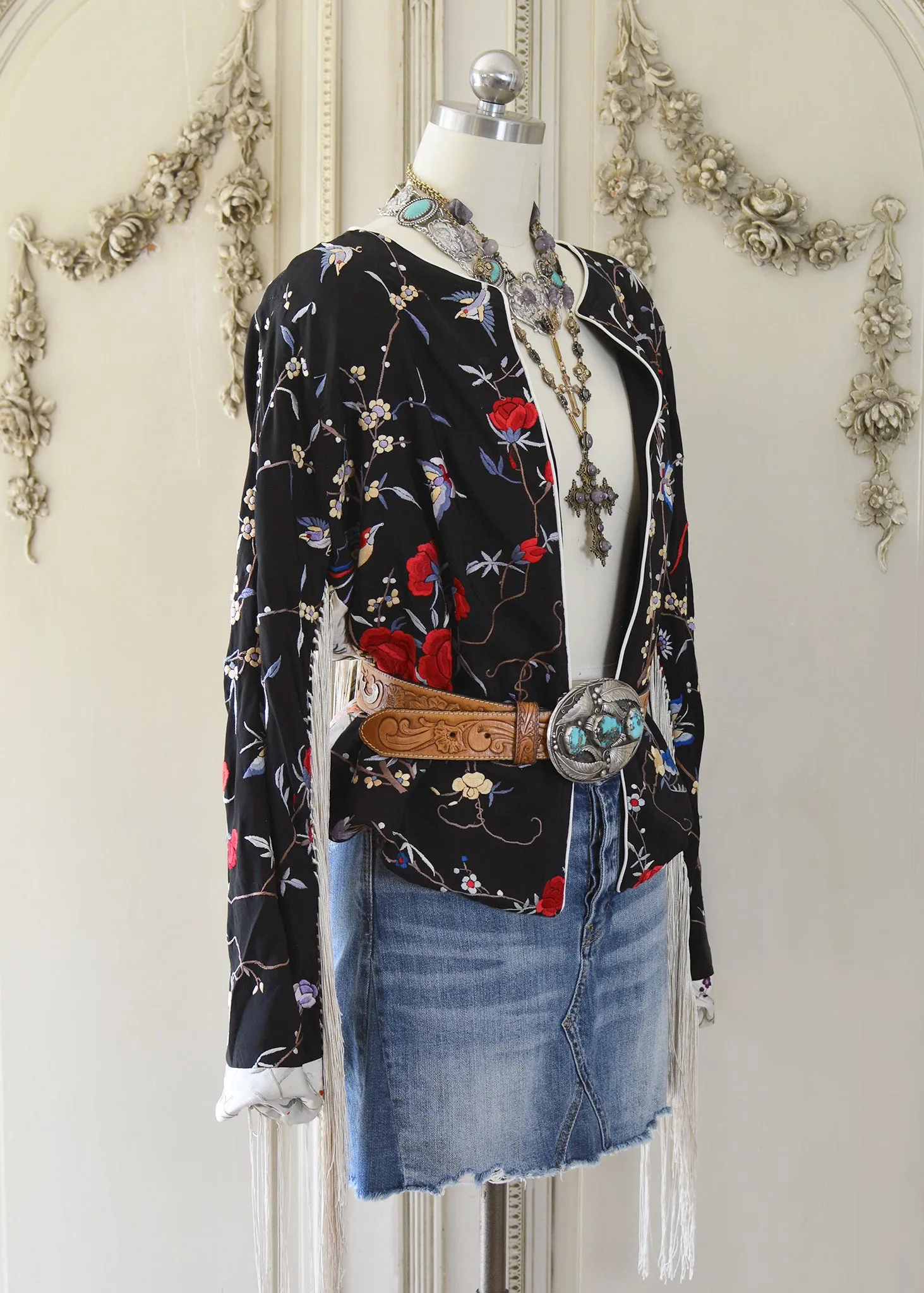 Jolene Antique Hand Embroidered Black & Creme Silk Crepe Waist Jacket with Fringes