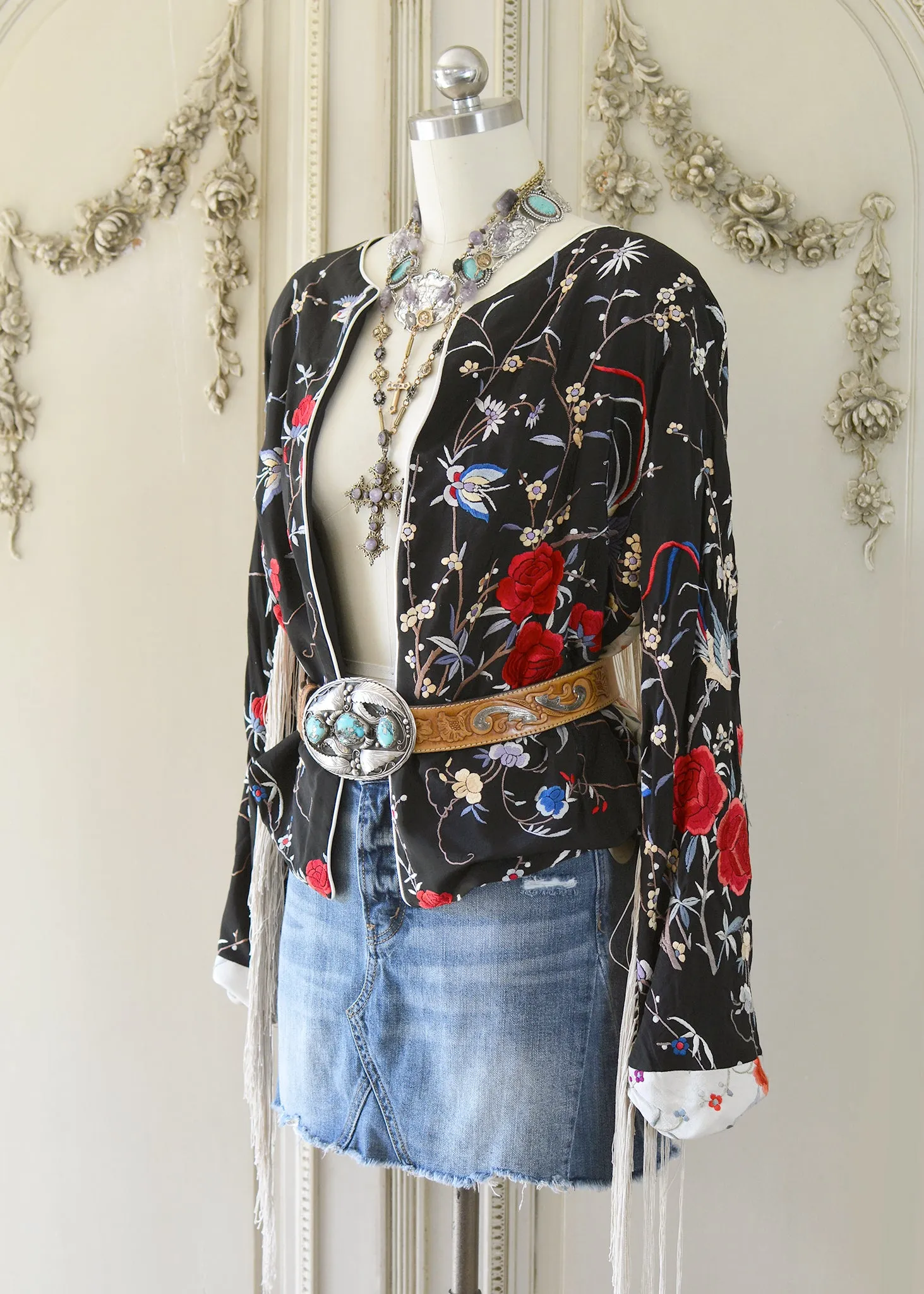 Jolene Antique Hand Embroidered Black & Creme Silk Crepe Waist Jacket with Fringes