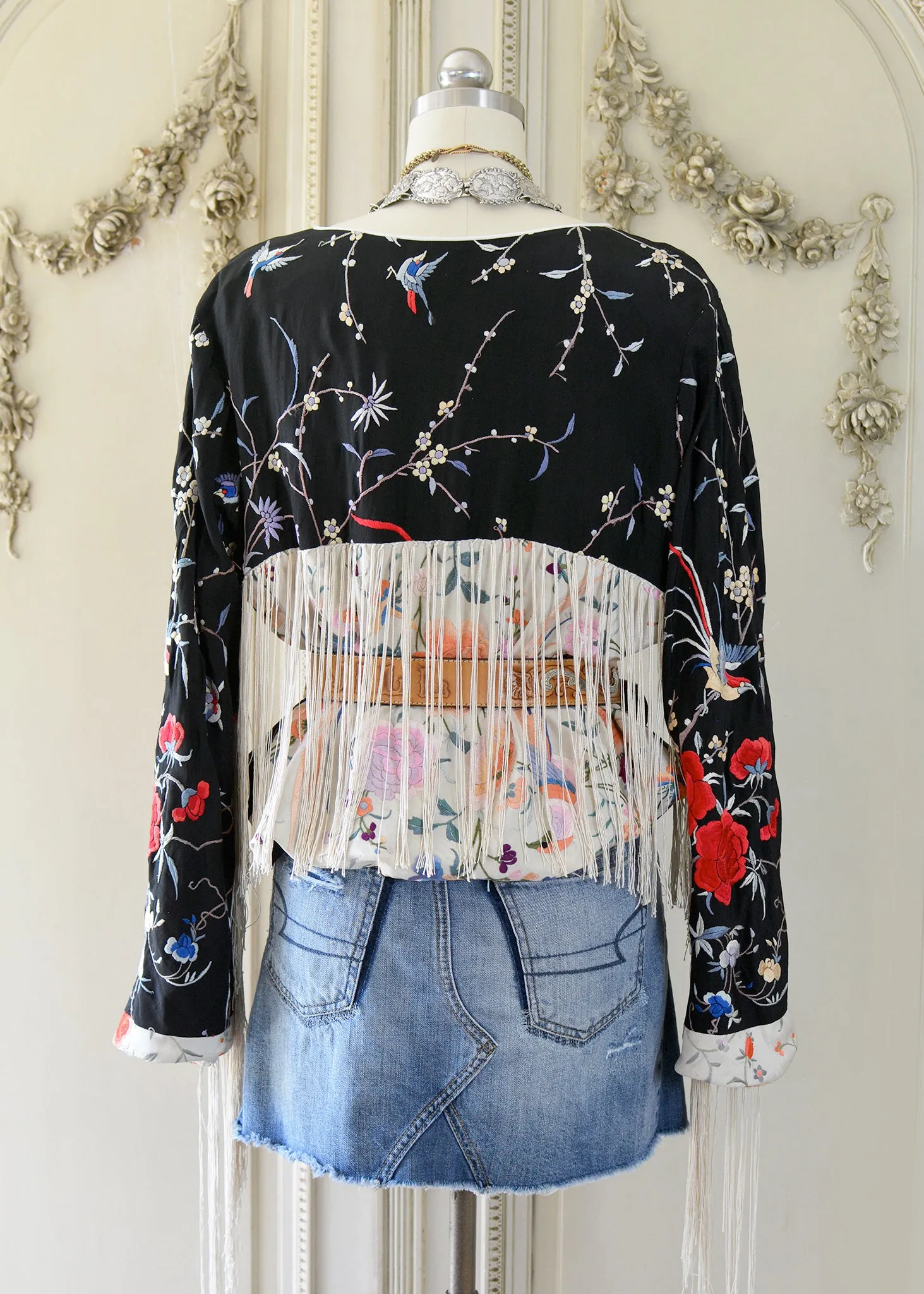 Jolene Antique Hand Embroidered Black & Creme Silk Crepe Waist Jacket with Fringes