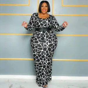Jovita Plus Size Long Sleeve Animal Print Bodycon Maxi Dress