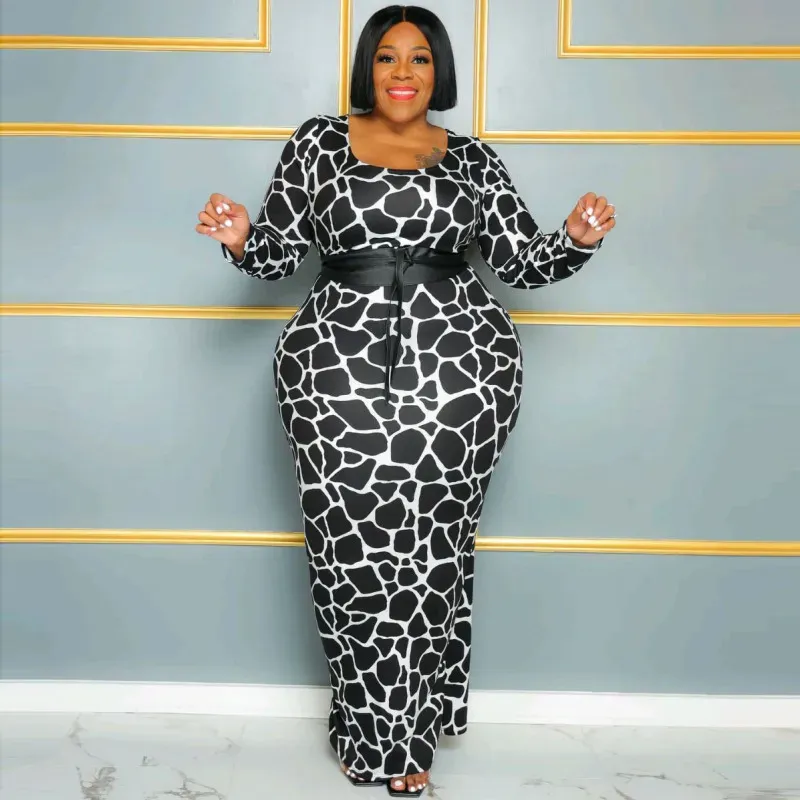 Jovita Plus Size Long Sleeve Animal Print Bodycon Maxi Dress