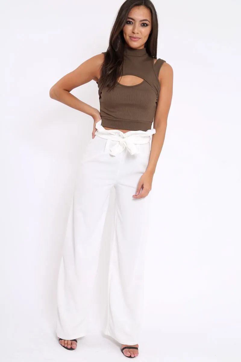 Khaki High Neck Cut Out Ribbed Crop Top - Jessica