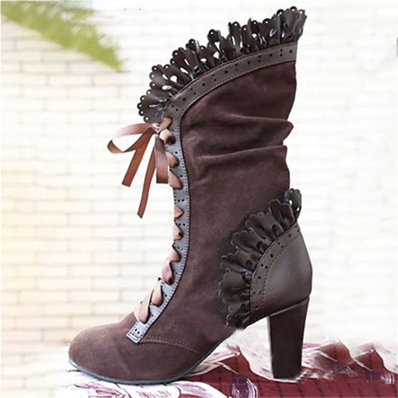 Lace-Up Retro High Heel Boots For Women