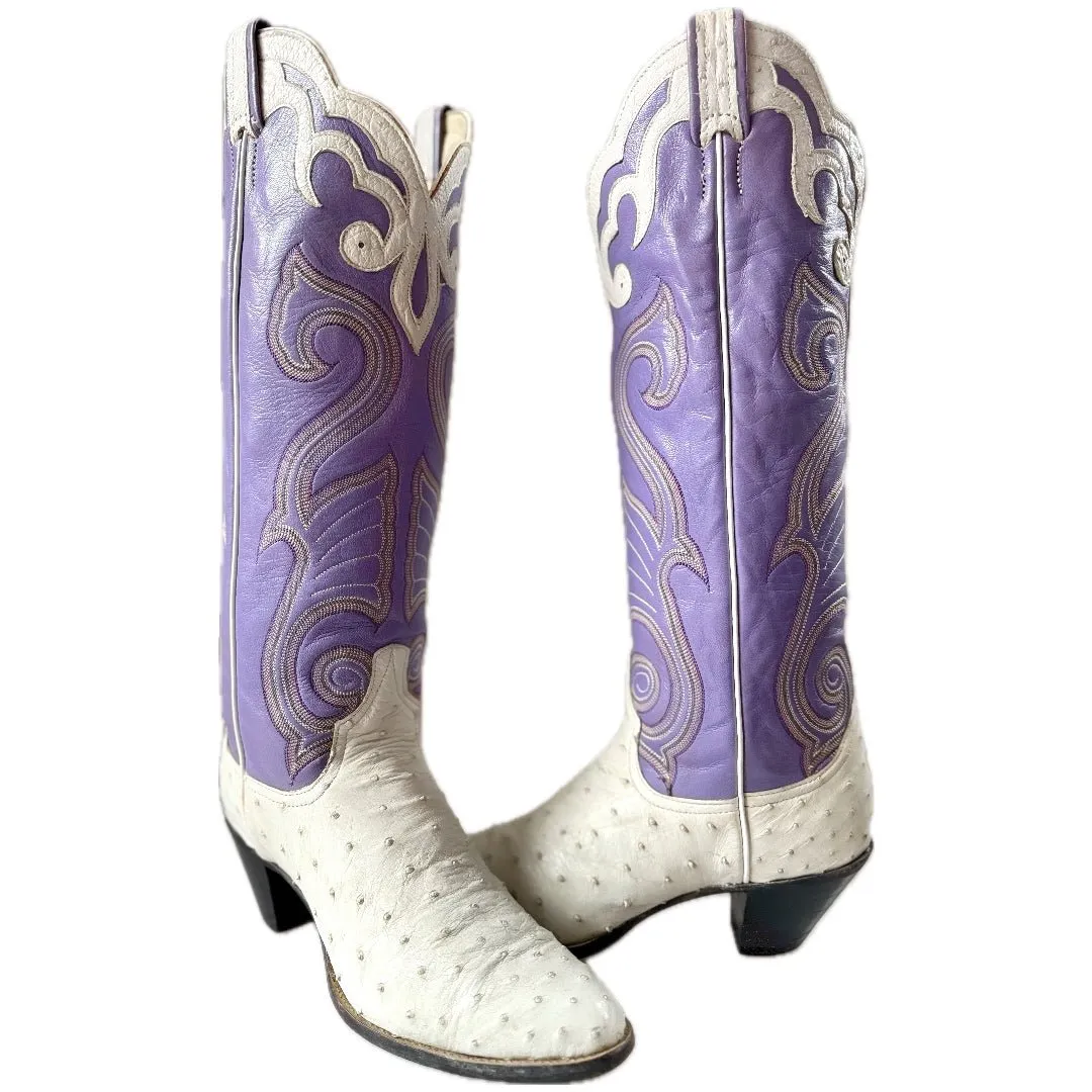 LARRY MAHAN Vintage Ostrich Purple White Knee High Cowboy Boots