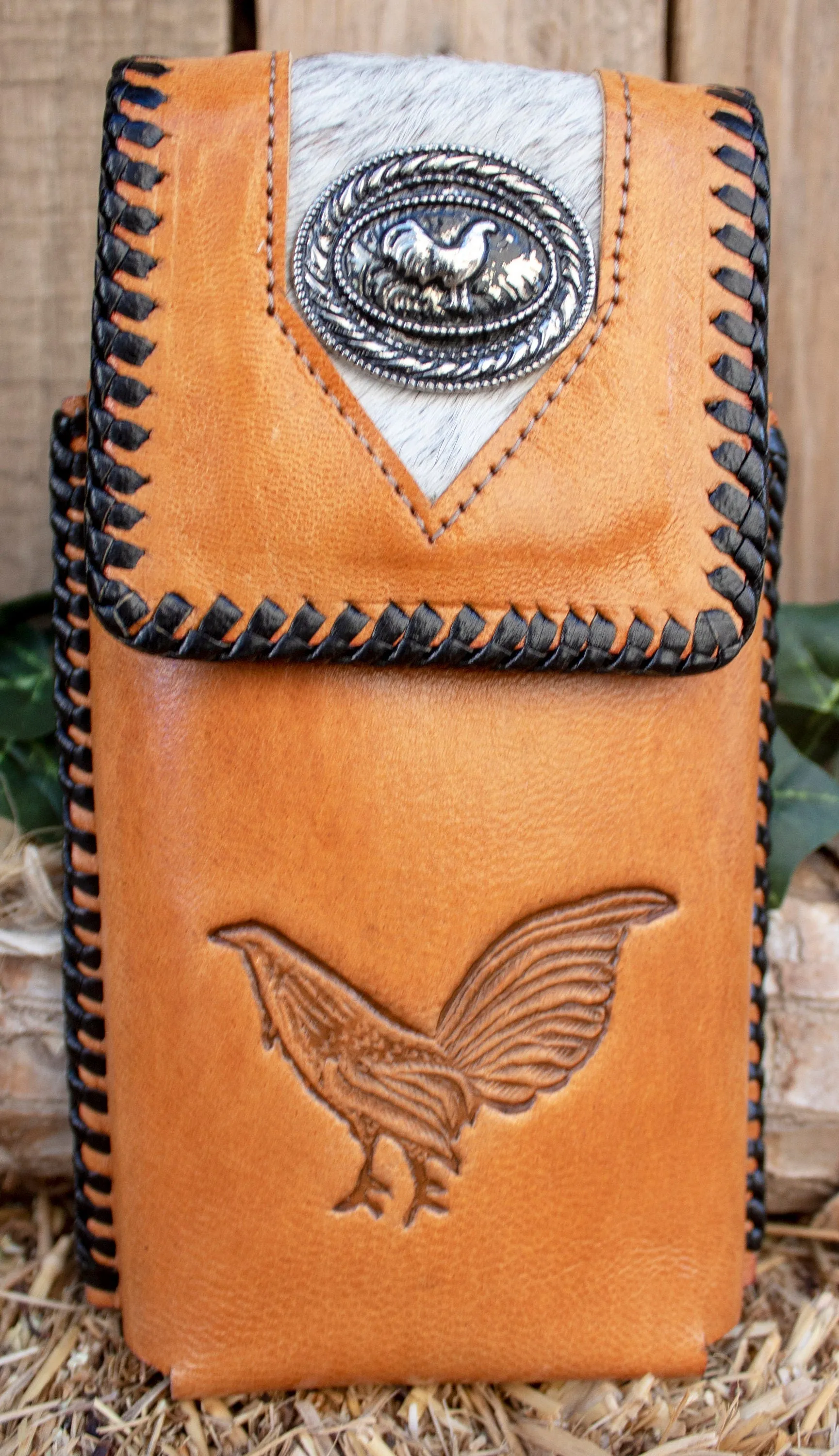 LEATHER ROOSTER Gallo STAMPED western cowboy rodeo cell phone case pouch with cowhair