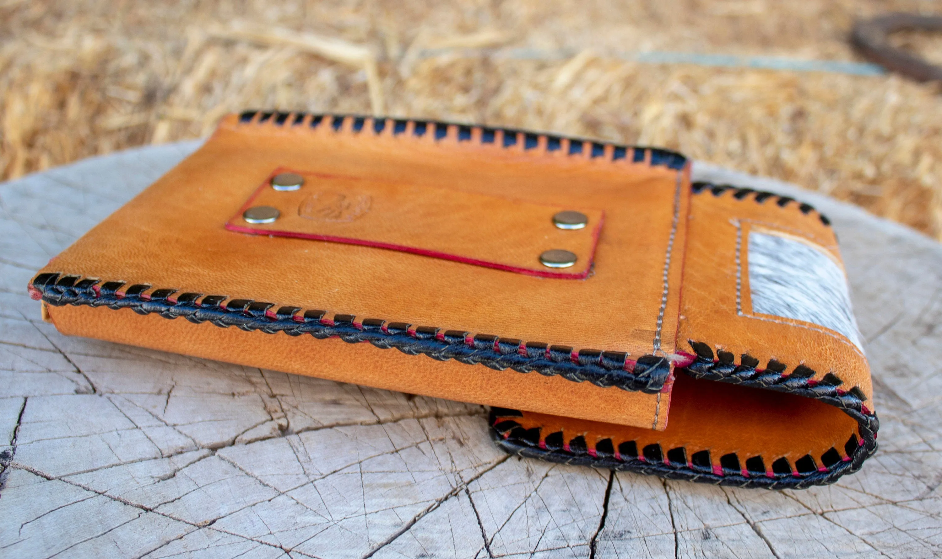 LEATHER ROOSTER Gallo STAMPED western cowboy rodeo cell phone case pouch with cowhair