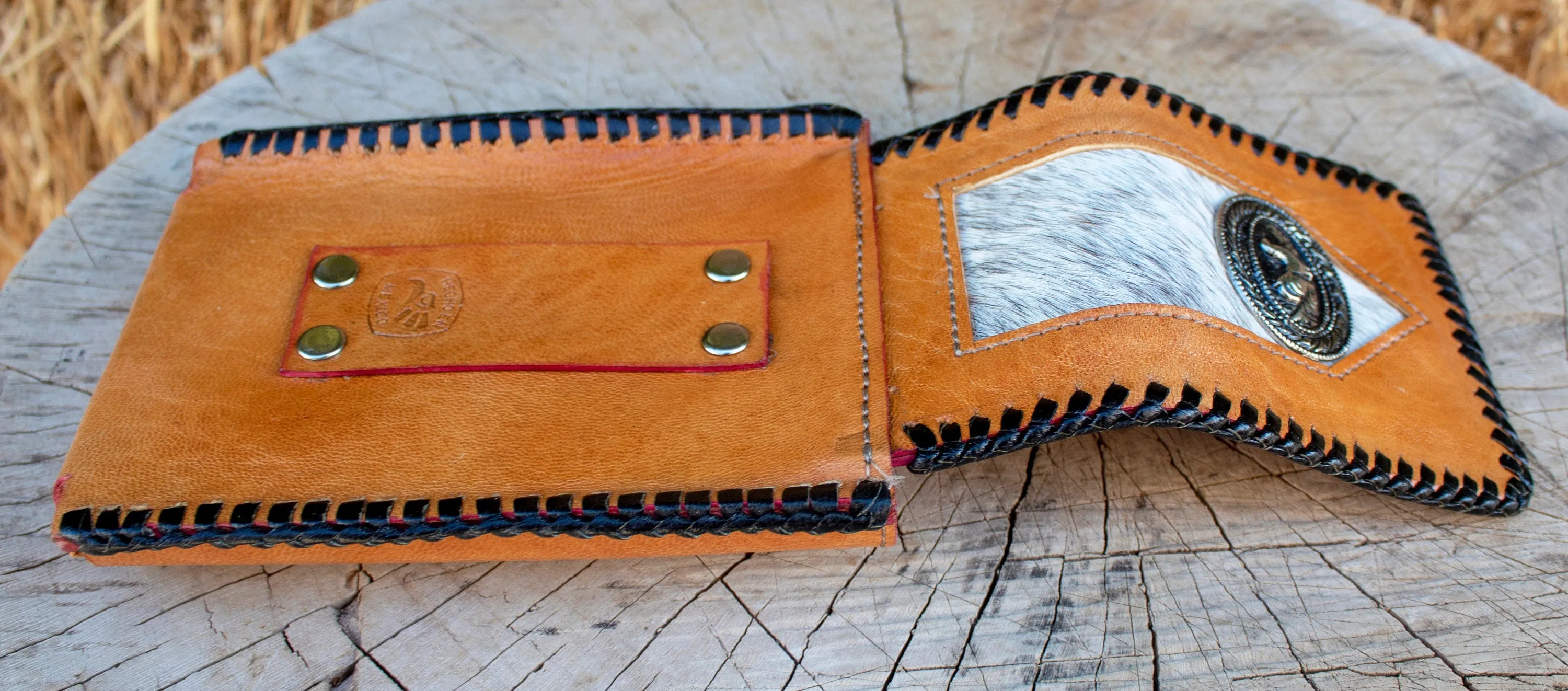 LEATHER ROOSTER Gallo STAMPED western cowboy rodeo cell phone case pouch with cowhair